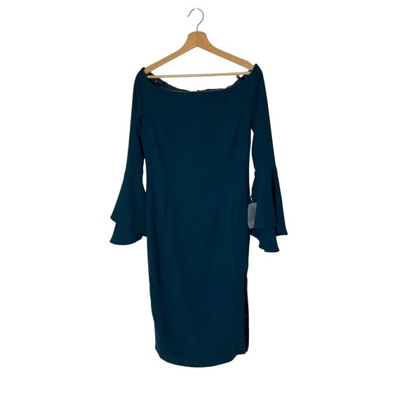 NWT Bardot Off The Shoulder Bell Sleeve Midi Length Solange Dress Women 8 Teal - Picture 3 of 12